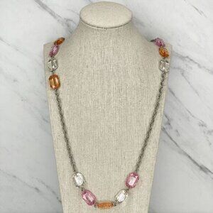 Silver Tone Clear Orange Pink Beaded Chain Link Necklace